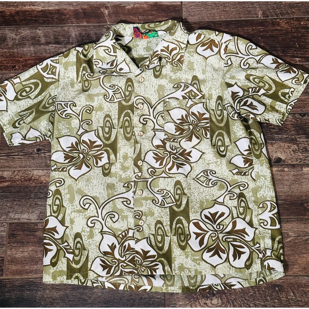 Men's Roundy Bay Short Sleeve Polyester Hawaiian Shirt - Green Floral - L Large